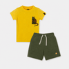 Cat Co-ord Set | Graphic Tee & Terry Shorts | Mustard & Forest