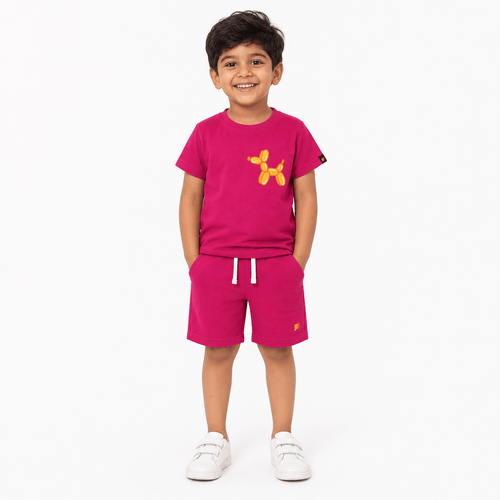 Squeaky Dog Co-ord Set | Graphic Tee & Terry Shorts | Raspberry