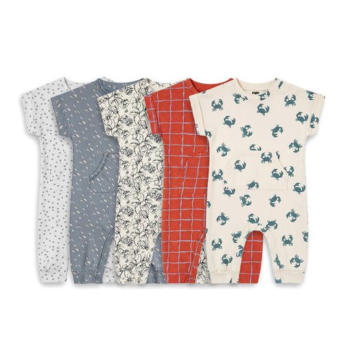 Half Sleeve Sleepsuit Pack of 5 — Pressed Bloom, Coastal Crab, Indigo Dash, Rust Check & Misty Dot