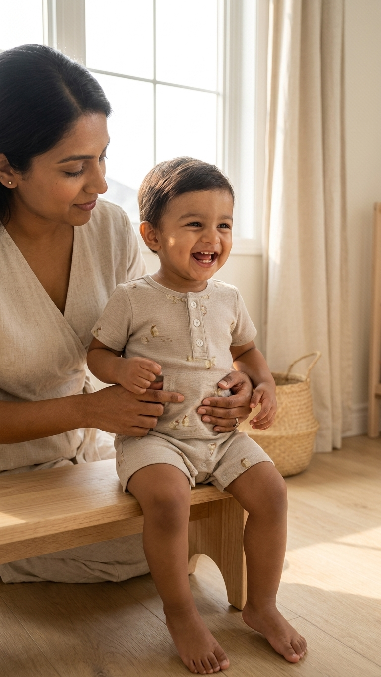 Indian mother sitting with her smiling baby boy wearing a Kiggle organic cotton shorty romper in oat with armadillo print, indoors in natural light