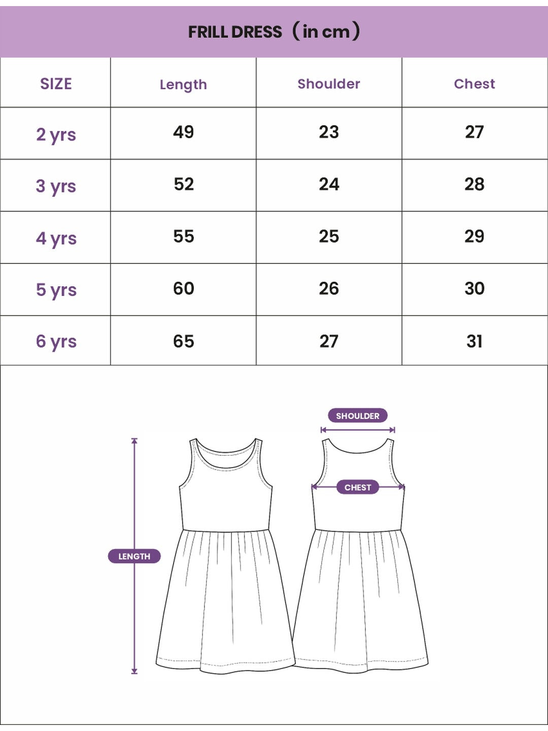 Frill dress size chart in cm