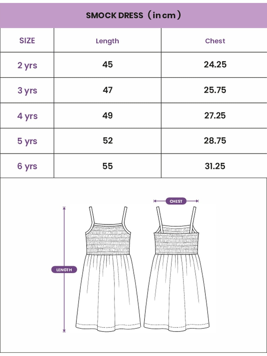 Smock dress size chart in cm