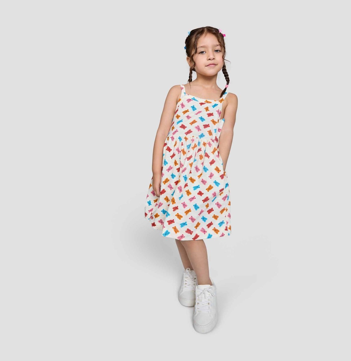 Play Dress Gummy Bear — organic cotton girls play dress India 2-6 years water-based print — Kiggle