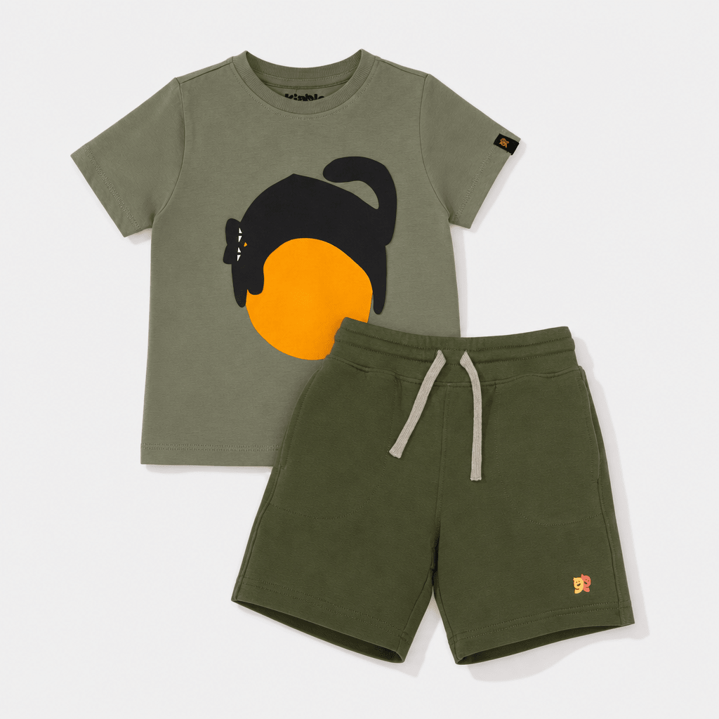 Lazy Cat Co - ord Set | Graphic Tee & Terry Shorts | Dry - Sage & Forest - organic cotton kids clothing - Kiggle