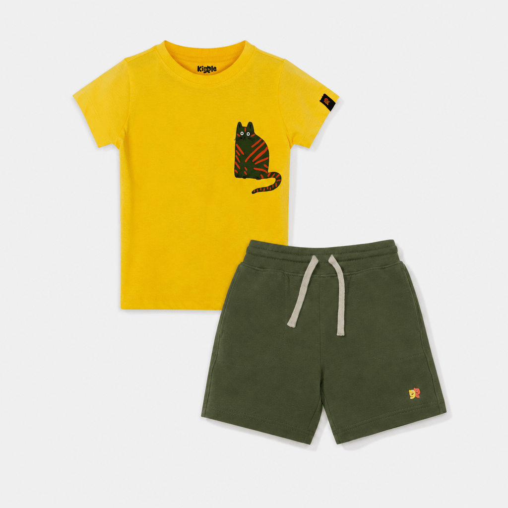 Cat Co - ord Set | Graphic Tee & Terry Shorts | Mustard & Forest - organic cotton kids clothing - Kiggle