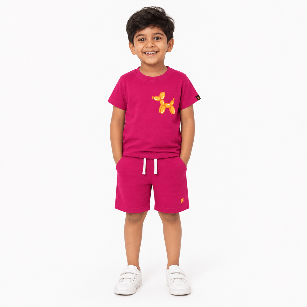 Squeaky Dog Co - ord Set | Graphic Tee & Terry Shorts | Raspberry - organic cotton kids clothing - Kiggle