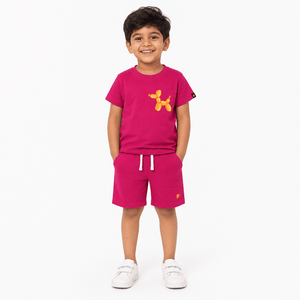 Squeaky Dog Co - ord Set | Graphic Tee & Terry Shorts | Raspberry - organic cotton kids clothing - Kiggle