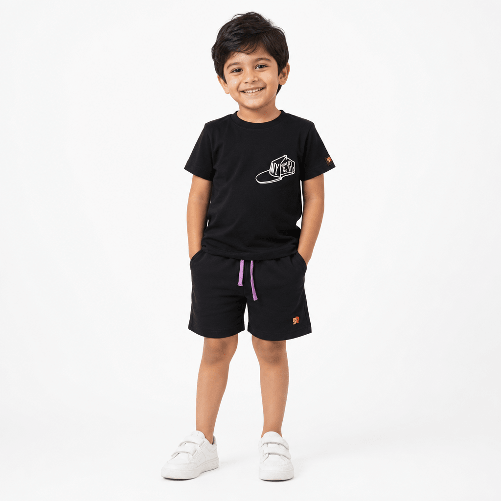 NYC Skater Co - ord Set | Graphic Tee & Terry Shorts | Carbon & Carbon - organic cotton kids clothing - Kiggle