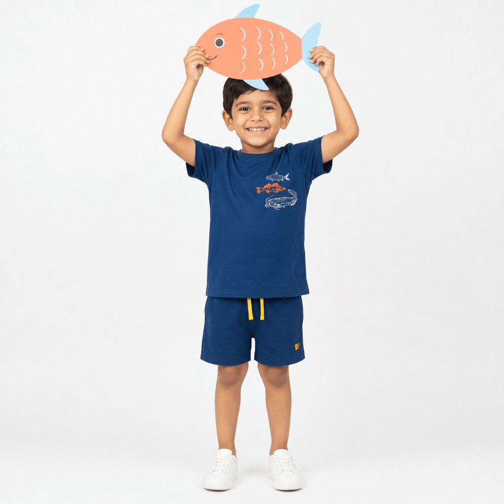 Oh Fish Co - ord Set | Graphic Tee & Terry Shorts | Navy & Navy - organic cotton kids clothing - Kiggle