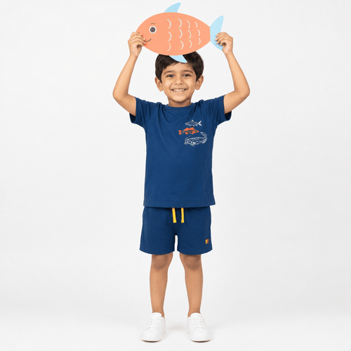 Oh Fish Co-ord Set | Graphic Tee & Terry Shorts | Navy & Navy