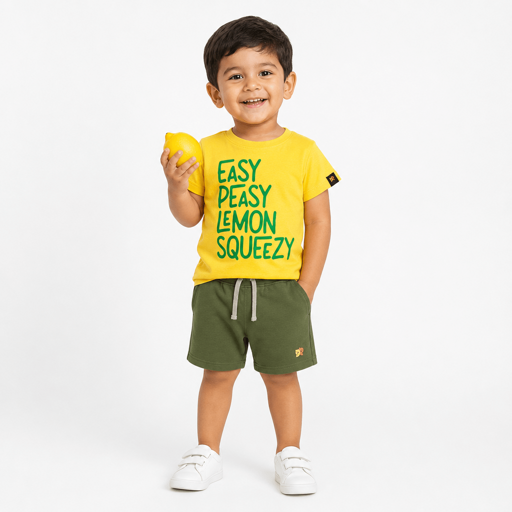 Lemon Co - ord Set | Graphic Tee & Terry Shorts | Mustard & Forest - organic cotton kids clothing - Kiggle