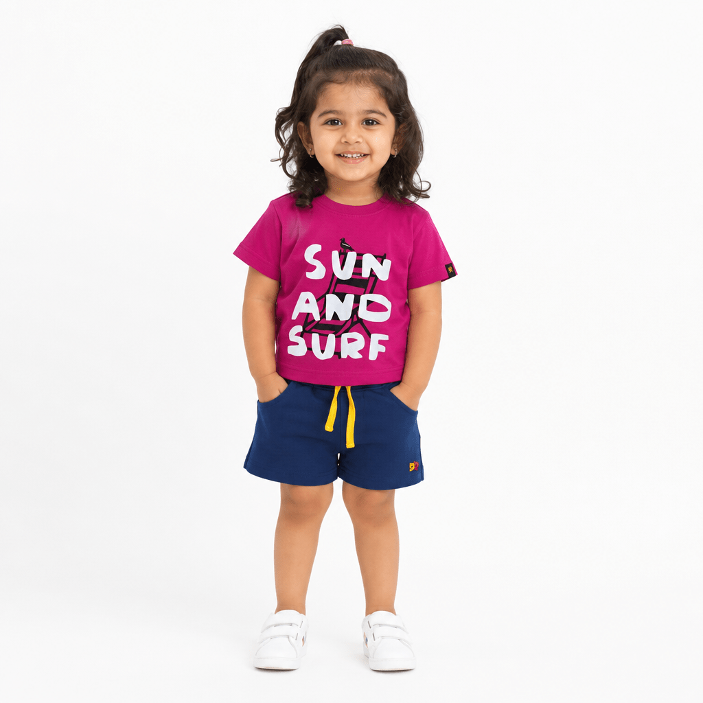 Sun and Surf Co - ord Set | Graphic Tee & Terry Shorts | Raspberry & Navy - organic cotton kids clothing - Kiggle