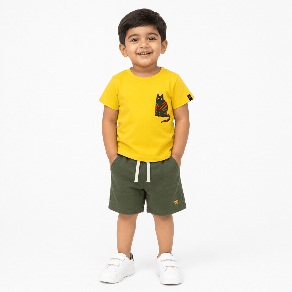 Cat Co - ord Set | Graphic Tee & Terry Shorts | Mustard & Forest - organic cotton kids clothing - Kiggle