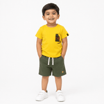 Cat Co - ord Set | Graphic Tee & Terry Shorts | Mustard & Forest - organic cotton kids clothing - Kiggle