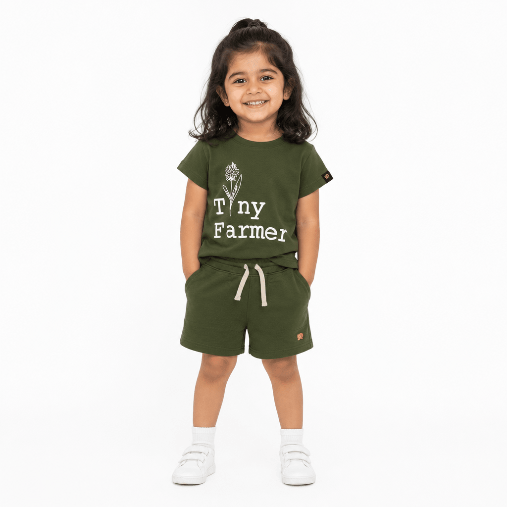 Tiny Farmer Co - ord Set | Graphic Tee & Terry Shorts | Forest & Forest - organic cotton kids clothing - Kiggle
