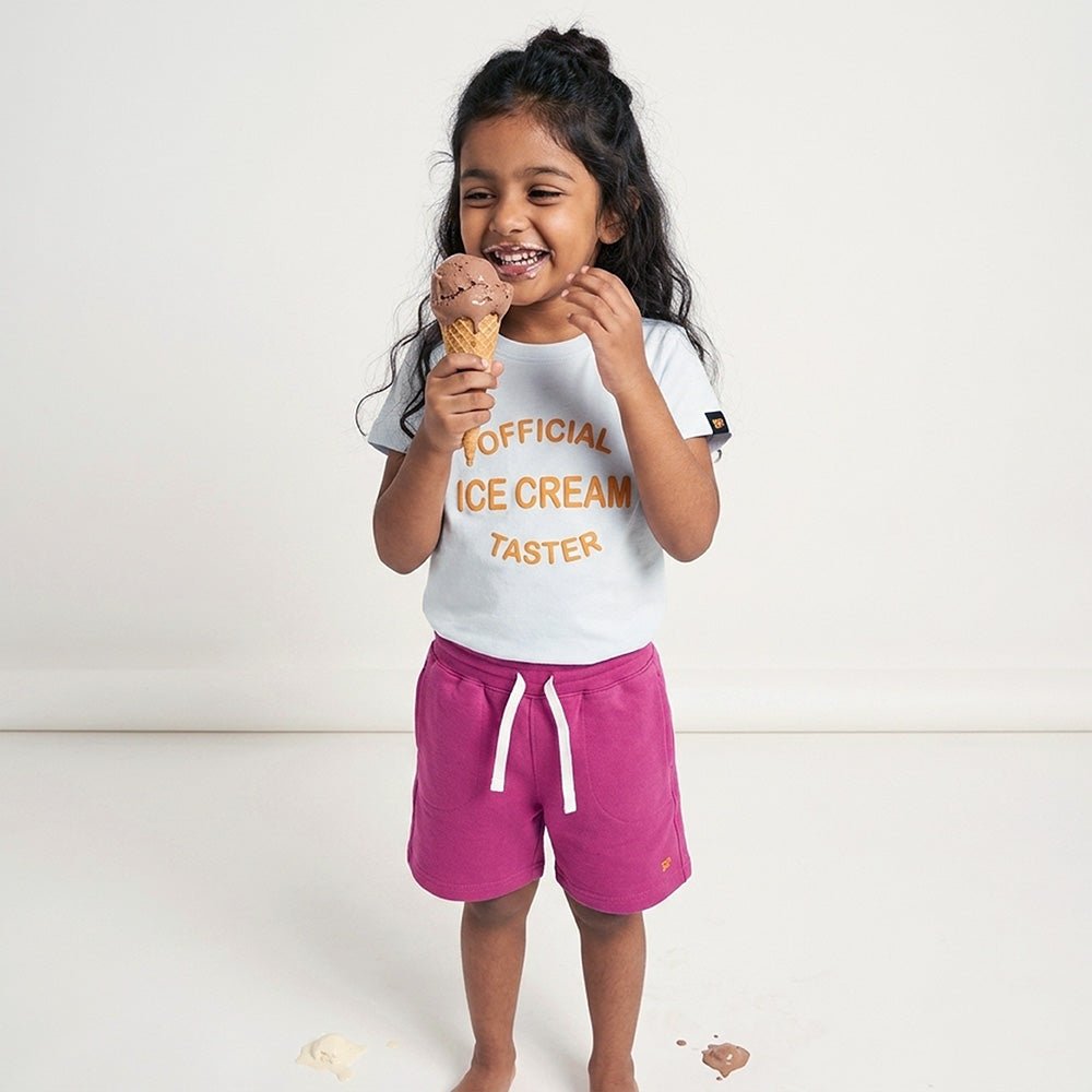 Ice Cream Taster Co - ord Set | Graphic Tee & Terry Shorts | Snow & Raspberry - organic cotton kids clothing - Kiggle