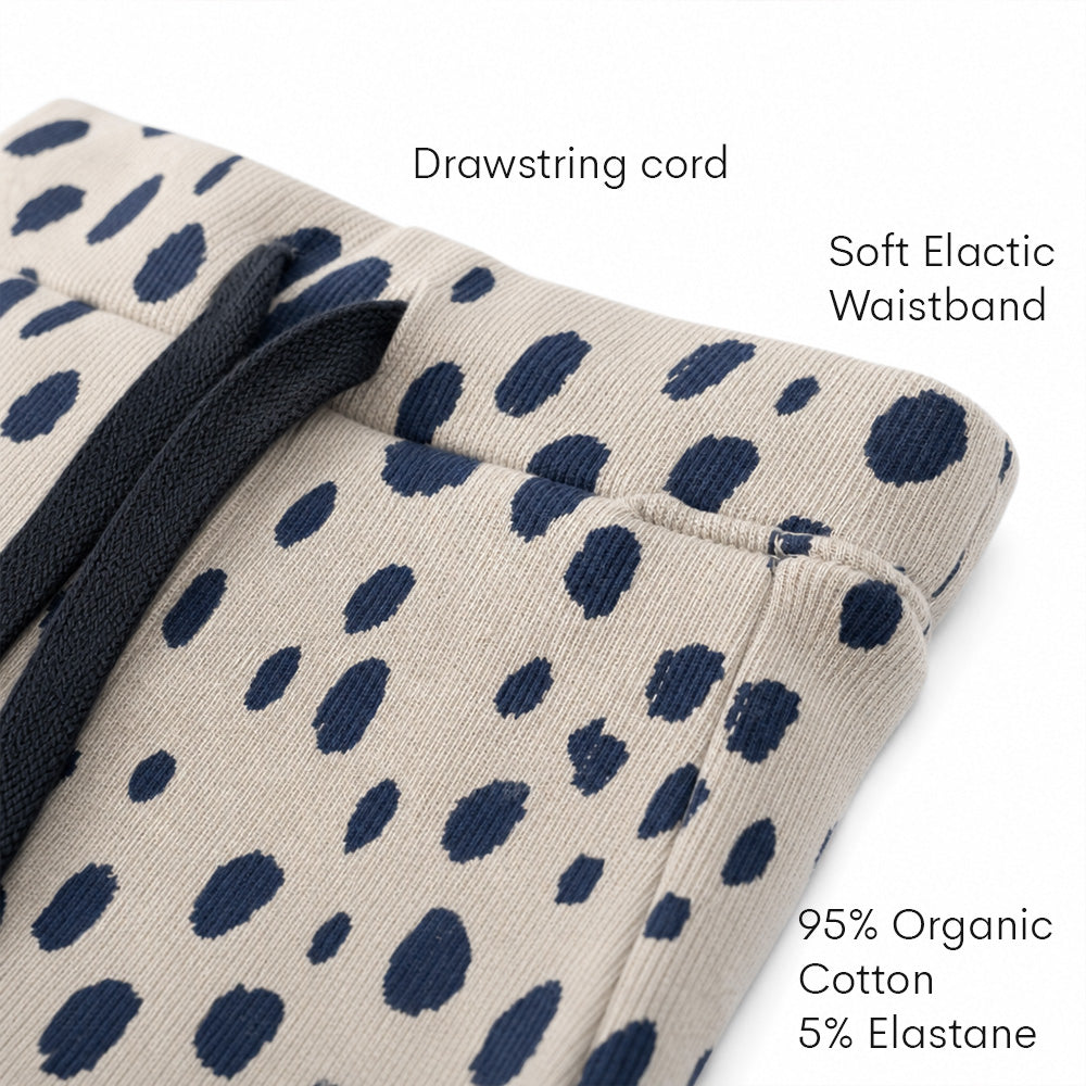 Baby Pant Moo features - organic cotton rib, soft elastic waist, drawstring