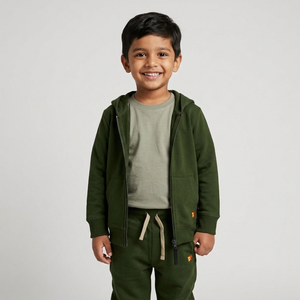 Kid wearing Kiggle All Weather Hoodie in Forest