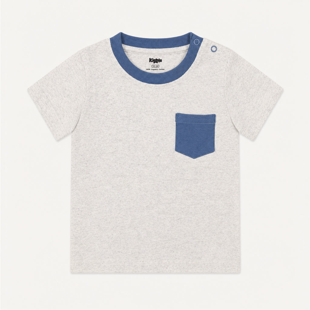 Kiggle Snow baby ringer pocket tee in organic cotton, front view
