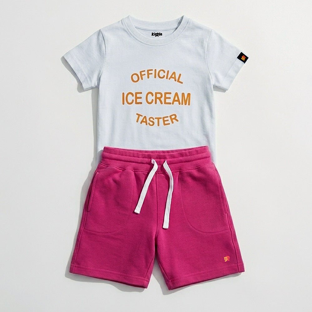 Ice Cream Taster Co - ord Set | Graphic Tee & Terry Shorts | Snow & Raspberry - organic cotton kids clothing - Kiggle