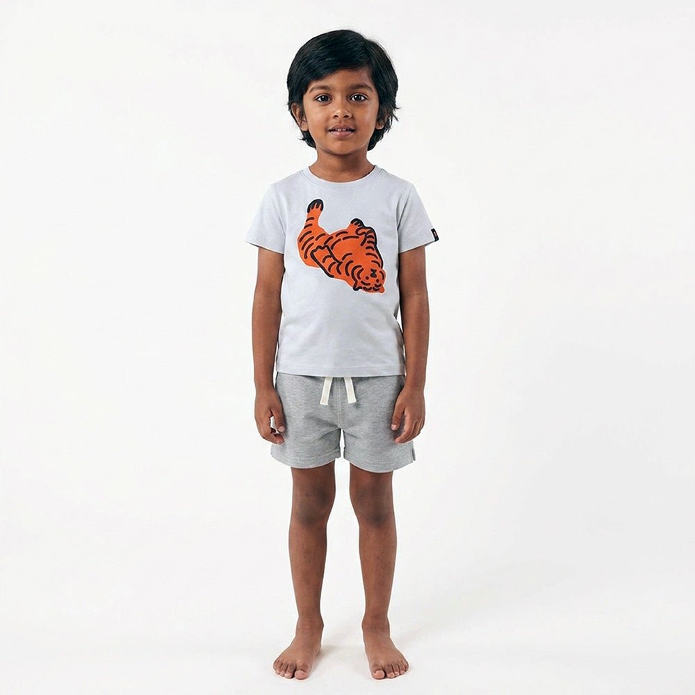 Lazy Tiger Co - ord Set | Graphic Tee & Track Shorts | Snow & Grey - organic cotton kids clothing - Kiggle